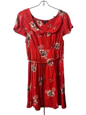 American Eagle Red Floral Short-Sleeve Mini Dress with Peter Pan Collar